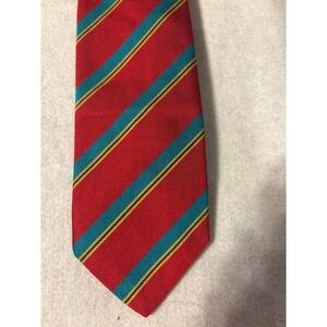 John Comfort Silk Necktie Mens Red Teal Yellow Striped Made in England Excellent